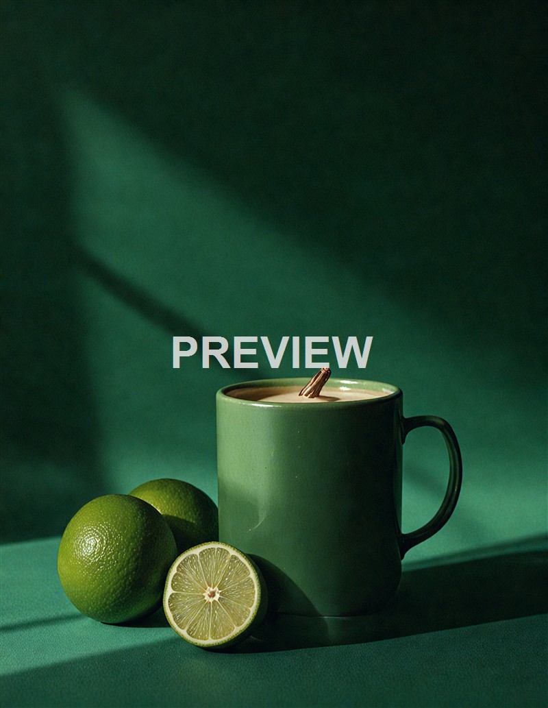 A green mug filled with a beverage, garnished with a cinnamon stick, placed beside two whole limes and one sliced lime on a green surface with a shadowed background.